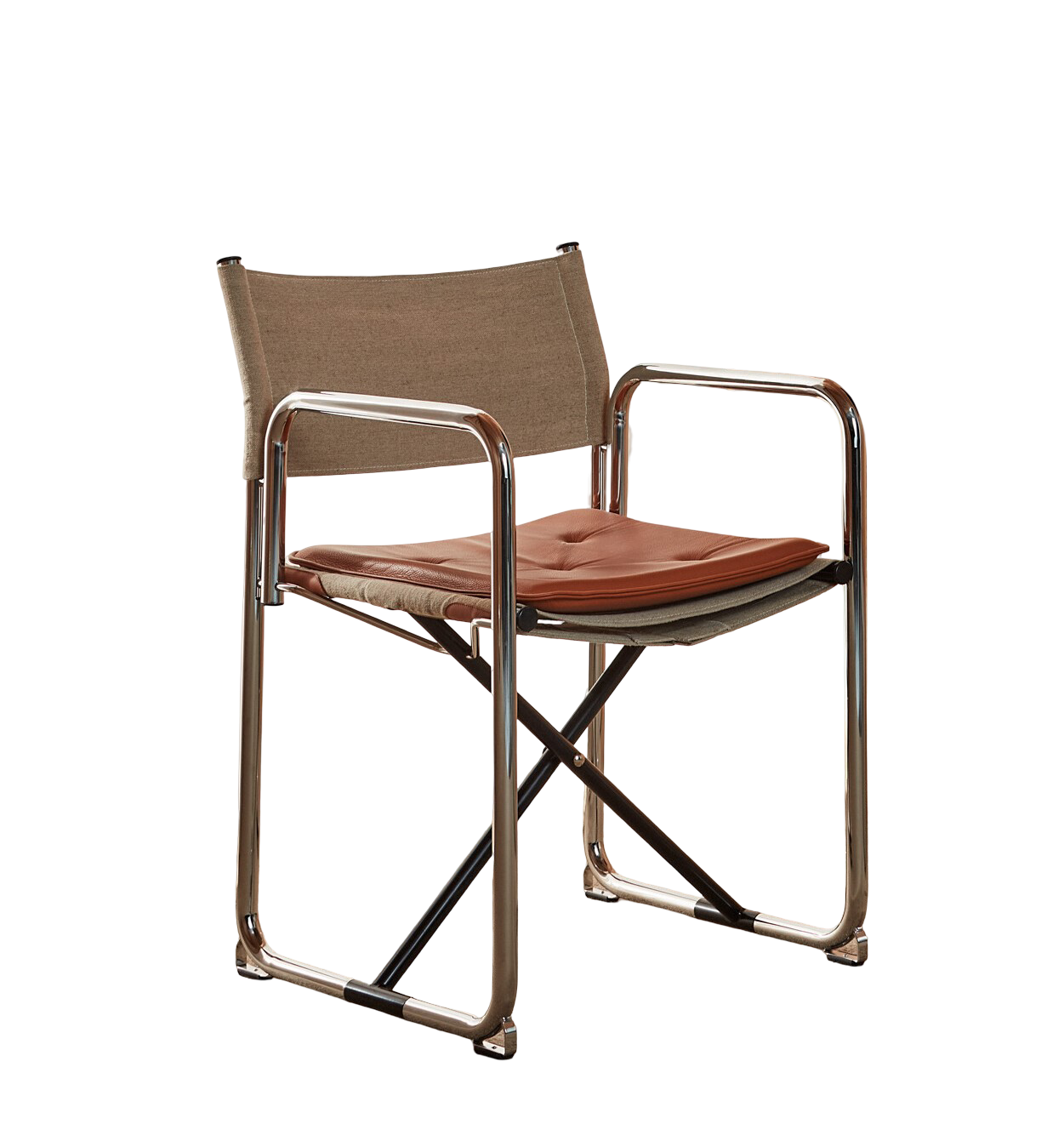 X75-2 Chair | Chrome frame, natural linen fabric and leather pad