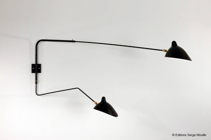 Wall lamp with two rotating arms, 1 straight and 1 curved